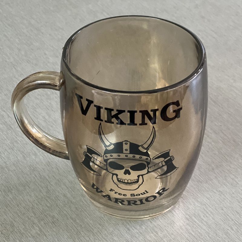 smoked glass mug with viking skeleton design 